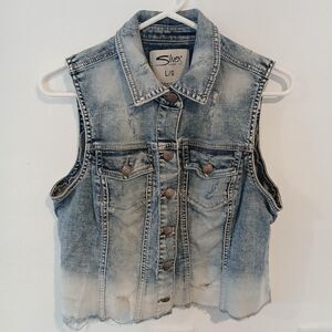 Silver Jeans Co Women's Large Blue Denim Jean Vest Distressed